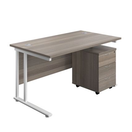 Twin Rectangular Desk with 3 Drawer Pedestal, Grey Oak/White, 1400mm x 800mm