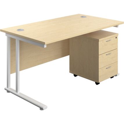 Twin Rectangular Desk with 3 Drawer Pedestal, Maple/White, 1400mm x 800mm