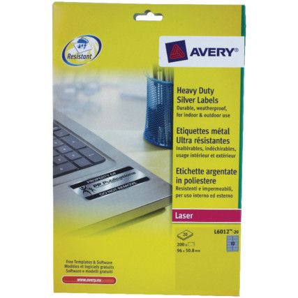 L6012-20 LASER LABELS H/DUTY 10TV SILVER (PK-20)