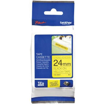 Black on Yellow Strong Adhesive Labelling Tape, 24mm x 8M, TZES651