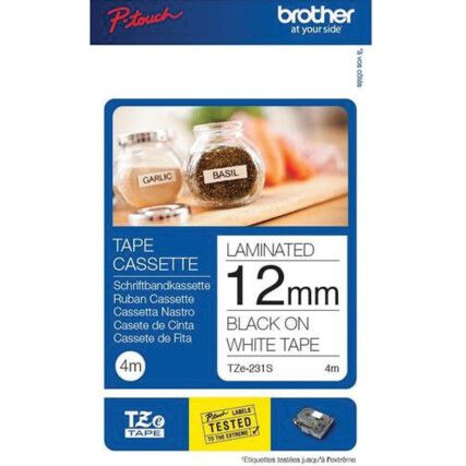 Black on White Labelling Tape, 12mm x 4M, TZe-231S2