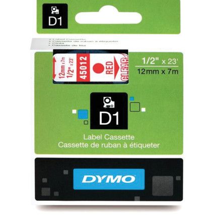 DYMO D1 TAPE 12mm RED ON CLEAR 45012