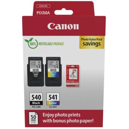 PG-540/CL-541 Inkjet Cartridges, C/W 50-Sheets Glossy Photopaper Pack