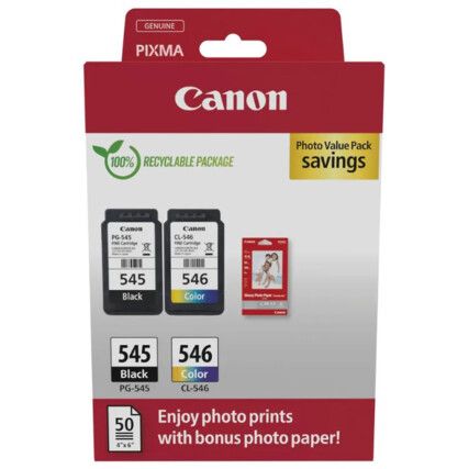 PG-545/CL-546 Inkjet Cartridges, C/W 50-Sheets Glossy Photopaper Pack