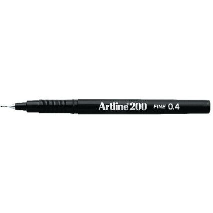 200, Fineliner Pen, Black, Non-Retractable, Fine, 0.4mm Line Width, Non-Refillable, 12 Pack