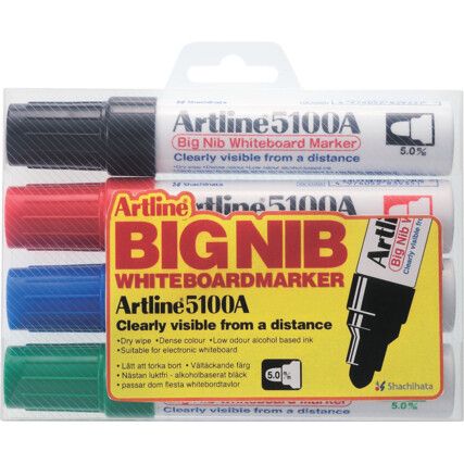 5100A, Whiteboard Marker Pen, Assorted, Broad, Bullet, Non-Retractable, 4 Pack