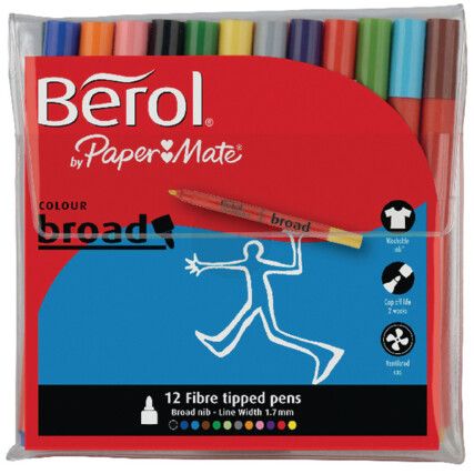 Colour Broad, Fibre Tip Pen, Assorted, Non-Retractable, Broad, 0.6mm Line Width, Non-Refillable, 12 Pack