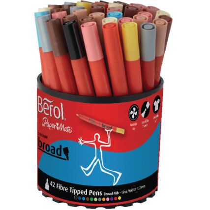 Colour Broad, Fibre Tip Pen, Assorted, Non-Retractable, Broad, 0.6mm Line Width, Non-Refillable, 42 Pack