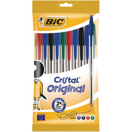 Cristal Series, Ballpoint Pen, Blue, Medium Tip Size, 0.45mm Line Width, Pack of 10