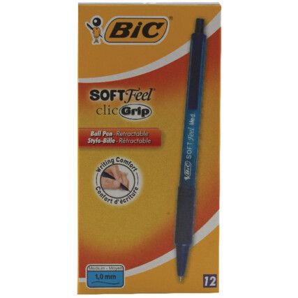 Soft Feel, Ballpoint Pen, Blue, Retractable, Medium, 1mm Line Width, Non-Refillable, 12 Pack