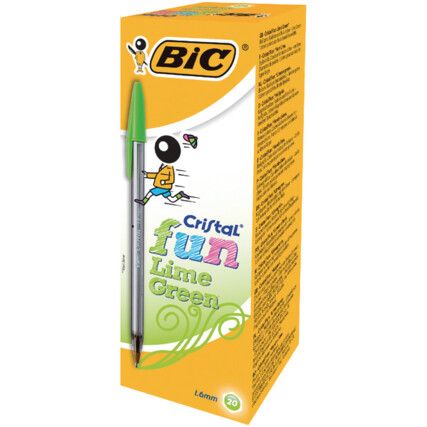 Cristal Fun Series, Ballpoint Pen, Lime, Medium Tip Size, 0.6mm Line Width, Pack of 20