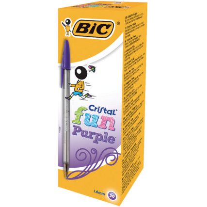 Cristal Fun Series, Ballpoint Pen, Purple, Medium Tip Size, 0.6mm Line Width, Pack of 20