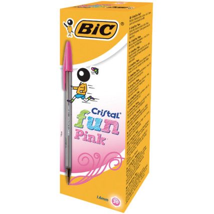 Cristal Fun Series, Ballpoint Pen, Pink, Medium Tip Size, 0.6mm Line Width, Pack of 20