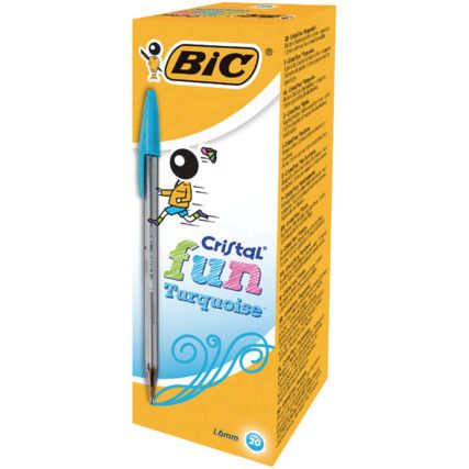 Cristal Fun Series, Ballpoint Pen, Turquoise, Medium Tip Size, 0.6mm Line Width, Pack of 20