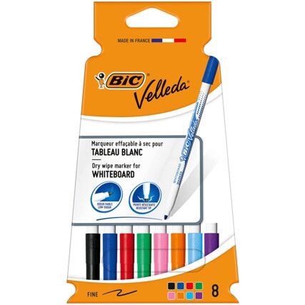 Velleda, Whiteboard Marker Pen, Assorted, Fine, Bullet, Non-Retractable, 8 Pack