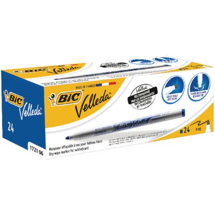 Velleda, Whiteboard Marker Pen, Blue, Fine, Bullet, Non-Retractable, 24 Pack