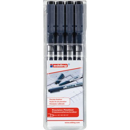 e-1880 Series, Fineliner Pen, Black, Fine Tip Size, 0.25 - 0.7mm Line Width, Pack of 4