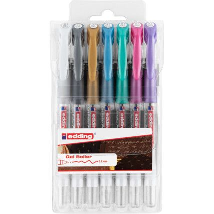 e-2185 Series, Gel Pen, White/Gold/Silver/Sky Blue/Purple/Pink/Green, Medium Tip Size, Pack of 7