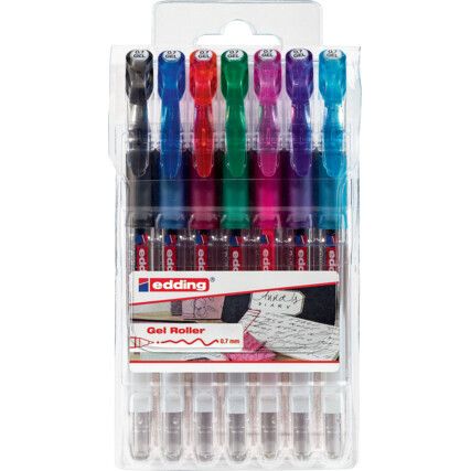 e-2185 Series, Gel Pen, Black/Blue/Red/Green/Pink/Purple/Light Blue, Medium Tip Size, Pack of 7