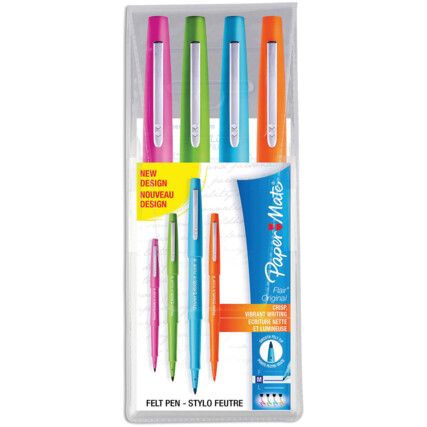 Flair, Fibre Tip Pen, Assorted, Non-Retractable, Medium, 0.8mm Line Width, Non-Refillable, 4 Pack