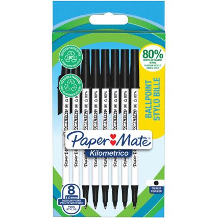 Kilometrico Series, Ballpoint Pen, Black, Medium Tip Size, Pack of 8