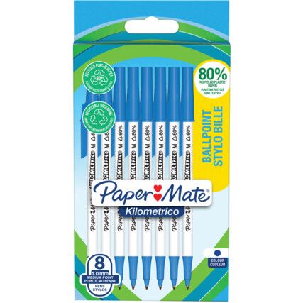 Kilometrico Series, Ballpoint Pen, Blue, Medium Tip Size, Pack of 8