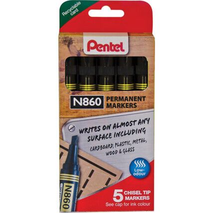 N860, Permanent Marker Pen, Black, Broad, Chisel, Non-Retractable, 5 Pack