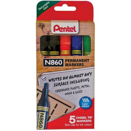 N860, Permanent Marker Pen, Assorted, Broad, Chisel, Non-Retractable, 5 Pack