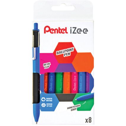 iZee BX470, Ballpoint Pen, Assorted, Retractable, Broad, 0.5mm Line Width, Cartridge, 8 Pack