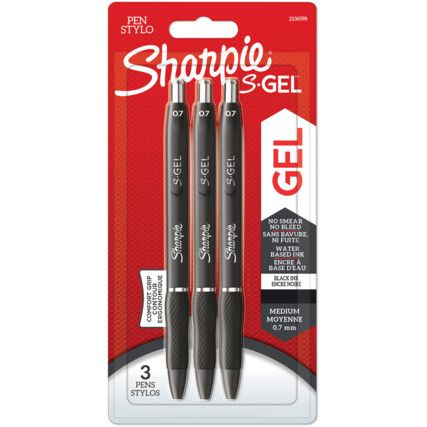 S-Gel Series, Gel Pen, Black, Medium Tip Size, Pack of 3