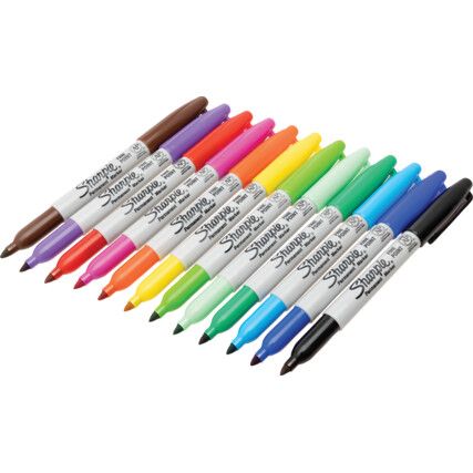 Permanent Marker Pen, Assorted, Fine, Bullet, Non-Retractable, 12 Pack