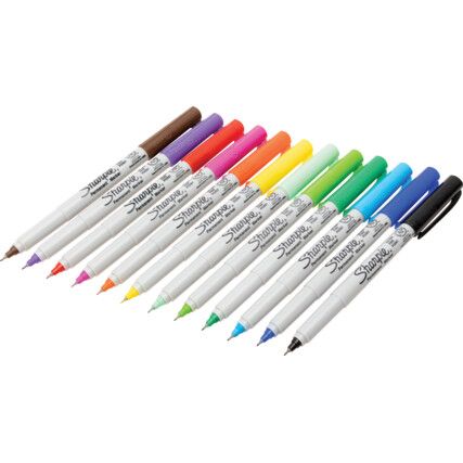 Permanent Marker Pen, Assorted, Extra Fine, Bullet, Non-Retractable, 12 Pack