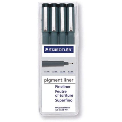 308, Fineliner Pen, Black, Non-Retractable, Fine, 0.1mm Line Width, Non-Refillable, 4 Pack