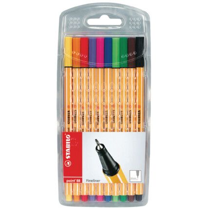 Point 88, Fineliner Pen, Assorted, Non-Retractable, Fine, 0.4mm Line Width, Non-Refillable, 10 Pack