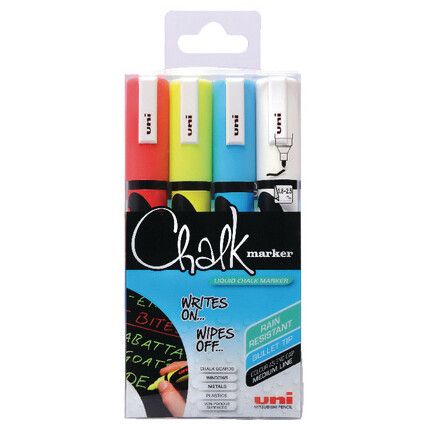 Chalk Marker Pen, Assorted, Medium, Bullet, Non-Retractable, 4 Pack