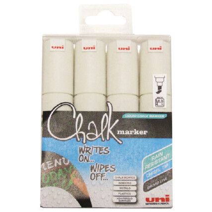 Chalk Marker Pen, White, Broad, Bullet, Non-Retractable, 4 Pack