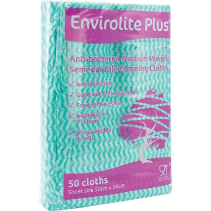 Envirolite Plus Anti-Bacteria Folded Cleaning Cloth, Large, Green, Pack of 50