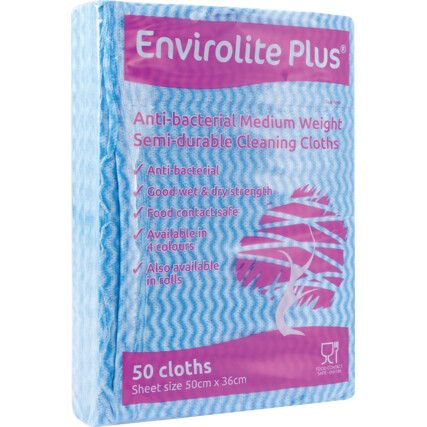 Envirolite Plus Anti-Bacteria Folded Cleaning Cloth, Large, Blue, Pack of 50