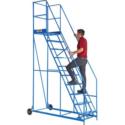 3-Wide Tread,  Warehouse Ladder, 0.75m, Non-Slip, Handrails, Mobile Blue