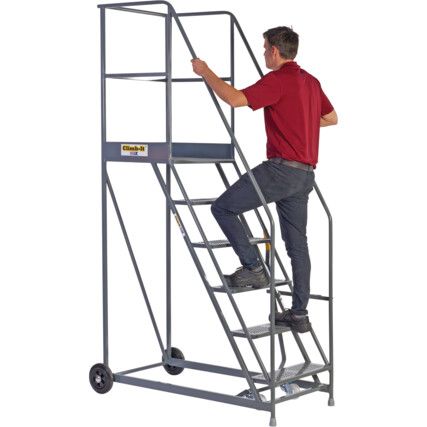 3-Wide Tread,  Warehouse Ladder, 0.75m, Non-Slip, Handrails, Mobile Grey