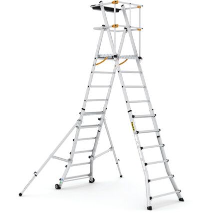 10-Tread, Folding Telescopic Platform steps, 1.76m, Aluminium, Non-Slip, Locking stabilisers, Mobile Silver