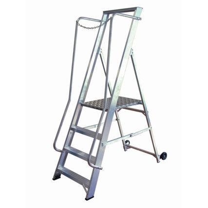 5-Wide Tread, Folding Step Ladder, 1.04m, Aluminium, Non-Slip, Handrails, Safety chain,  Silver