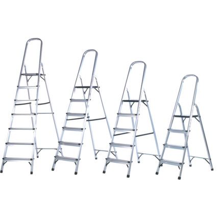 6-Wide Tread, Folding Step Ladder, 1.3m, Aluminium, Non-Slip, Handrails, Safety chain,  Silver