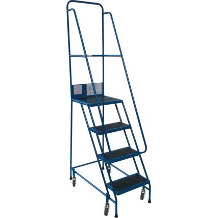 6- Wide Tread,  Step Ladder, 1.5m, Steel, Anti-Slip, Side Handrails, Spring-Loaded Castor Wheels, Blue