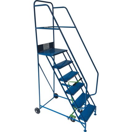 7- Wide Tread,  Mobile Step Ladder, 1.75m, Steel, Fully Welded, Non-Slip, Side Handrails, Blue