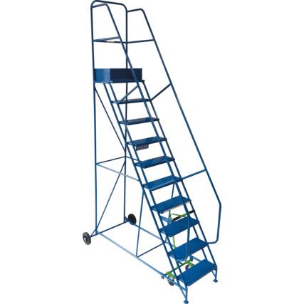 14- Wide Tread,  Mobile Step Ladder, 3.5m, Steel, Fully Welded, Non-Slip, Side Handrails, Blue