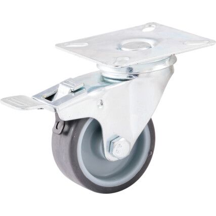 Light Duty, Castor, 50mm, Braked, Swivel, Top Plate, Rubber, Grey