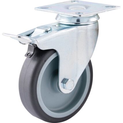 Light Duty, Castor, 100mm, Braked, Swivel, Top Plate, Rubber, Grey