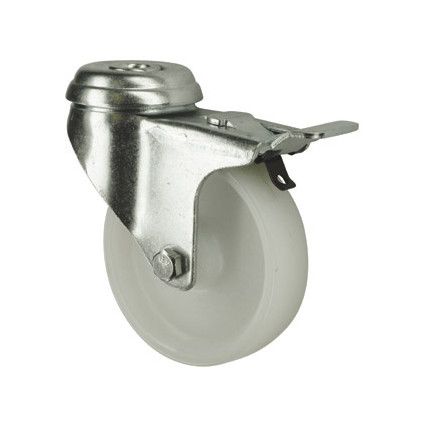 Light Duty, Castor, 100mm, Braked, Swivel, Bolt Hole, Polypropylene, White