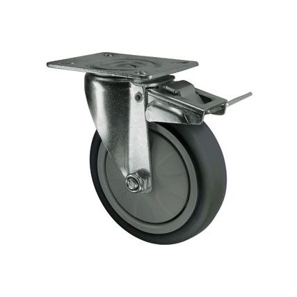 Light Duty/Medium Duty, Castor, 100mm, Braked, Swivel, Top Plate, Thermoplastic, Grey